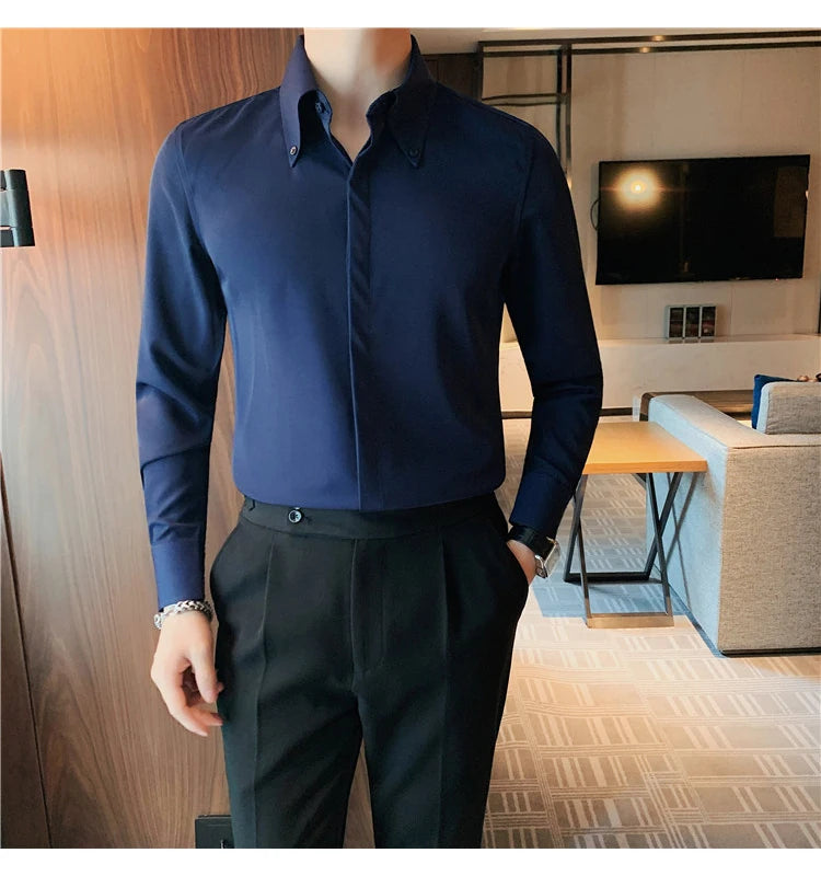Autumn Solid Concealed Placket Shirts Men Long Sleeve Slim Fit Social Shirt Male High Quality Business Casual Prom Tuxedo
