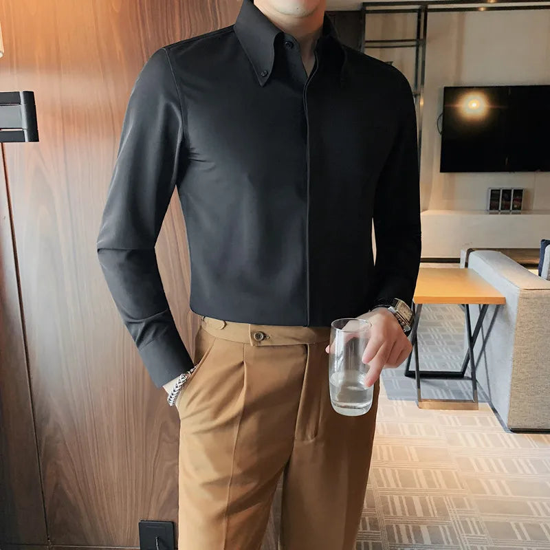 Autumn Solid Concealed Placket Shirts Men Long Sleeve Slim Fit Social Shirt Male High Quality Business Casual Prom Tuxedo