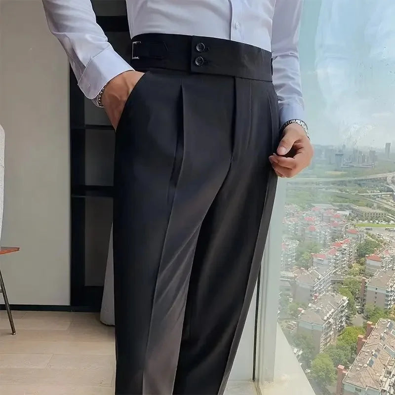 Neapolitan Men's Slim Fit Straight Leg Business Casual Trousers High Waist Pure Color Autumn Spring Long Pants