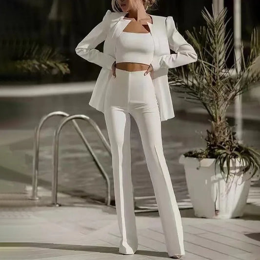 Three Piece Sets Women Full Sleeve Coats Blazer Strapless Long Pants Suits Solid High Waist Trousers Elegant Office Lady