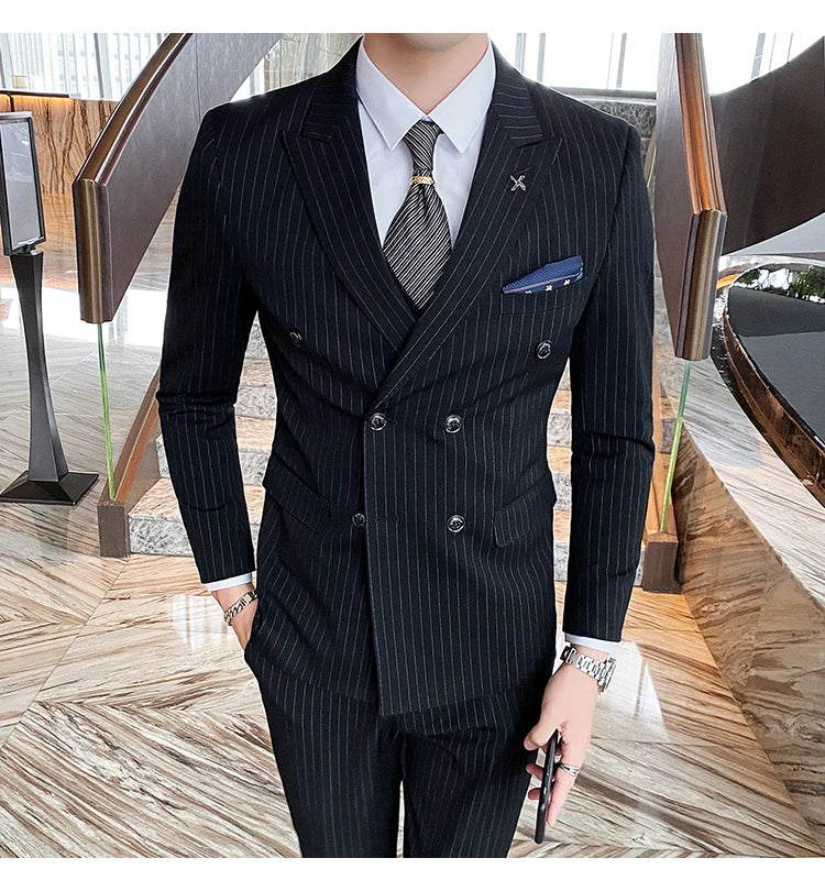 Formal Stripe Men Suits Double Breasted Wedding Groom Stage Tuxedo Man Business Slim Social Formal Suit Dress  2 Pcs / 3pcs