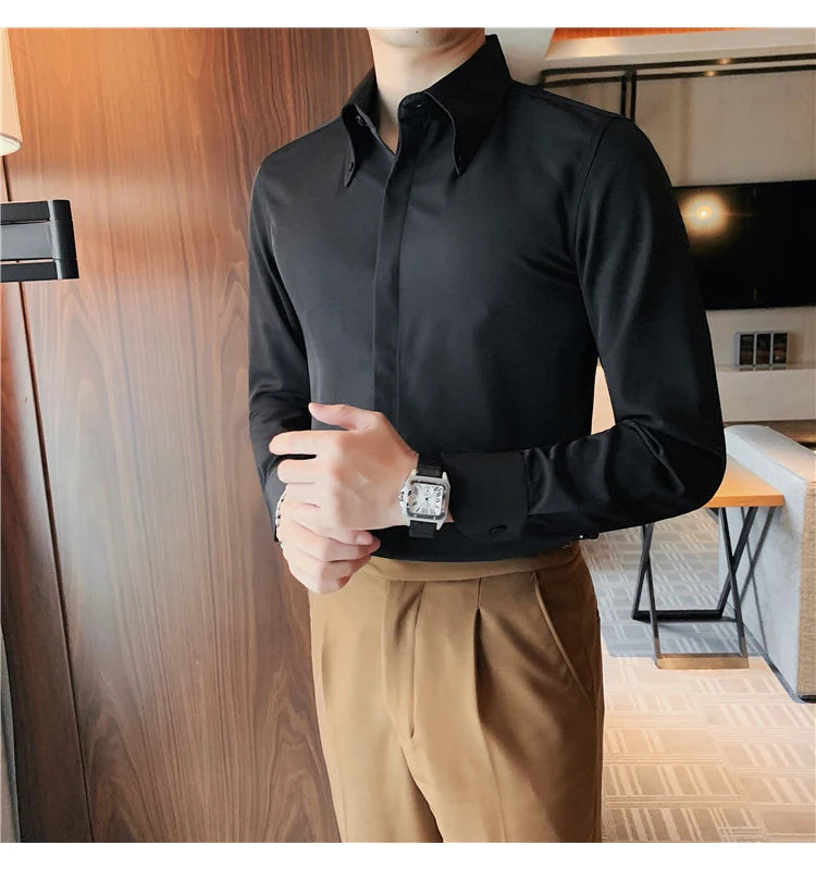 Autumn Solid Concealed Placket Shirts Men Long Sleeve Slim Fit Social Shirt Male High Quality Business Casual Prom Tuxedo