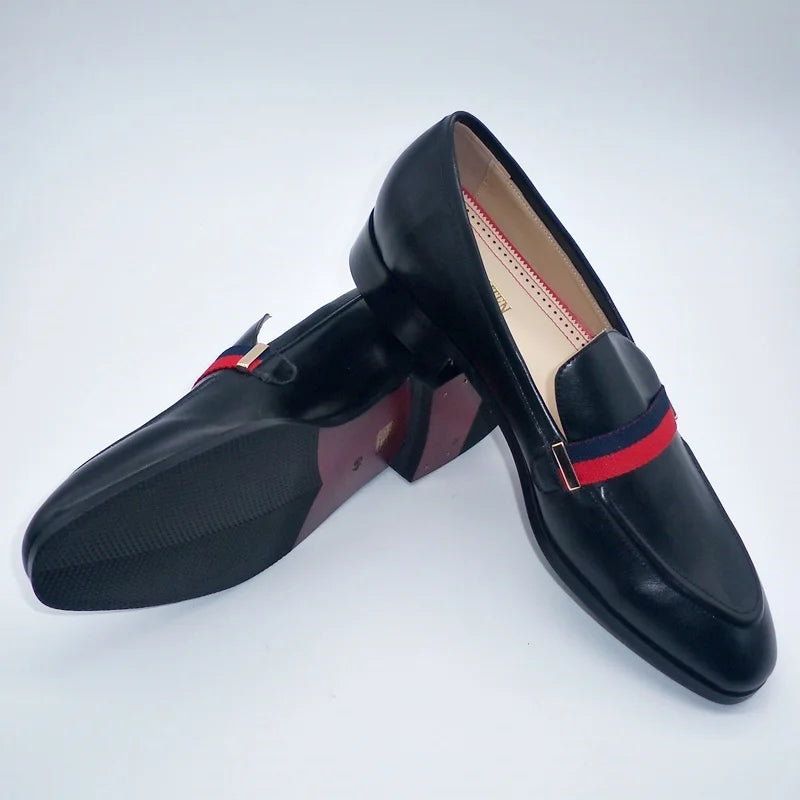 LOUBUTEN Italian Black Genuine Leather Men's Loafers Slip-On Handmade Dress Shoes for Party Wedding Breathable Comfortable Fit