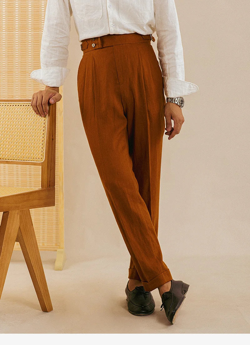 Naples High Waist Suits Retro Casual Pant Office-trouser Men Dress Pant Trouser British High Waist Pants Linen Straight Leg Pant