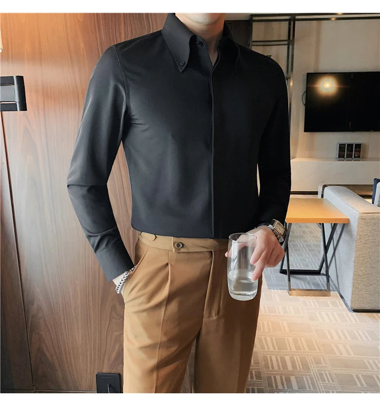 Autumn Solid Concealed Placket Shirts Men Long Sleeve Slim Fit Social Shirt Male High Quality Business Casual Prom Tuxedo