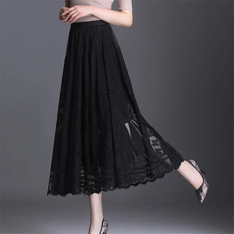 Elegant Vintage Black Lace High Waist Maxi Skirt for Women Sexy Hollow Out Party Dress with Pleated Fairy A-Line Silhouette Summer Fashion
