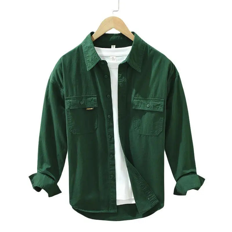 Solid  Men's Cotton 100% Pockets Business Casual Shirts For Men Outdoor Slim Fit Clothes Tops
