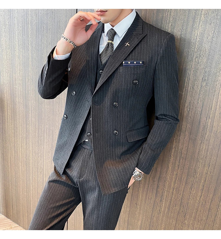 Formal Stripe Men Suits Double Breasted Wedding Groom Stage Tuxedo Man Business Slim Social Formal Suit Dress  2 Pcs / 3pcs