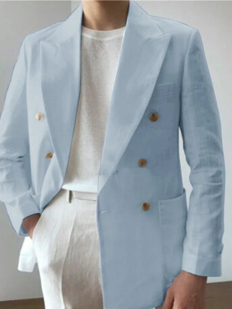 Men Double Breasted Lapel Linen Fabric Casual Suit Fashion Trendy Best Men Wedding Blazer 남성자켓 봄