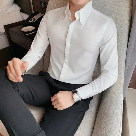 Autumn Solid Concealed Placket Shirts Men Long Sleeve Slim Fit Social Shirt Male High Quality Business Casual Prom Tuxedo
