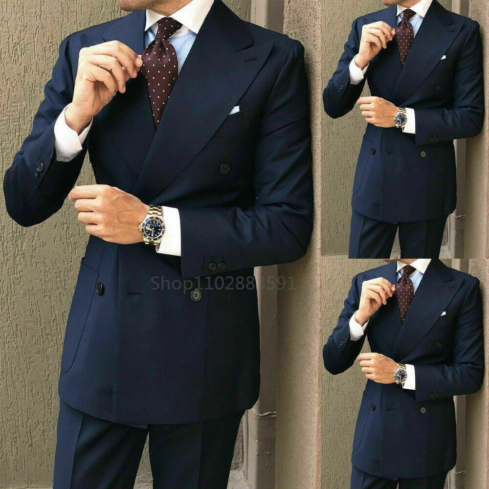 New Custom Double Breasted Dark Blue Men Suits Casual Male Blazers Slim Fit Groomsmen 2 Pieces Costume Men Clothing