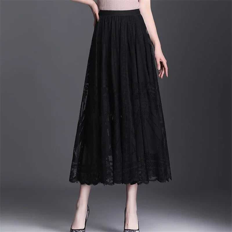 Elegant Vintage Black Lace High Waist Maxi Skirt for Women Sexy Hollow Out Party Dress with Pleated Fairy A-Line Silhouette Summer Fashion