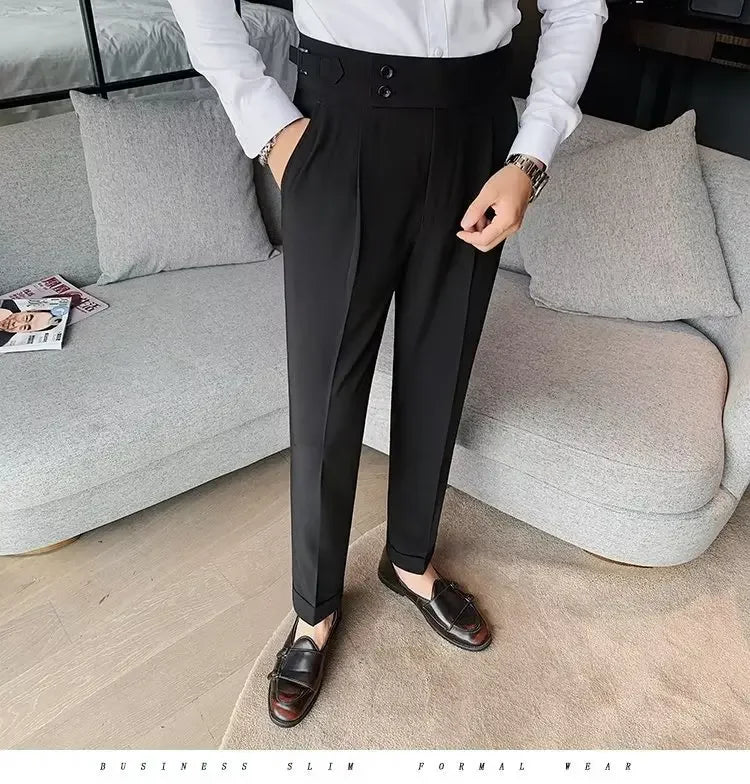 Neapolitan Men's Slim Fit Straight Leg Business Casual Trousers High Waist Pure Color Autumn Spring Long Pants