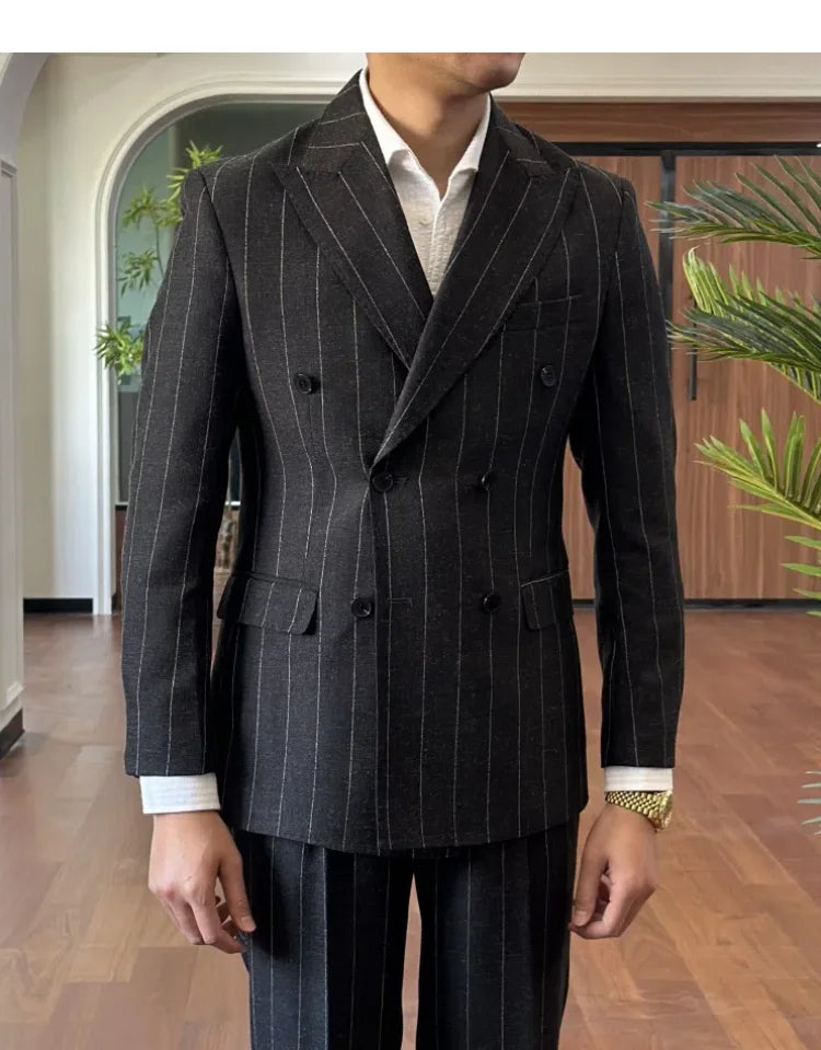Men Suit Designers Slim Fit Business Casual Striped Double Breasted Suit Set Trend Traje Novio 2025 Men Tuxedo Suit Grooms Suit