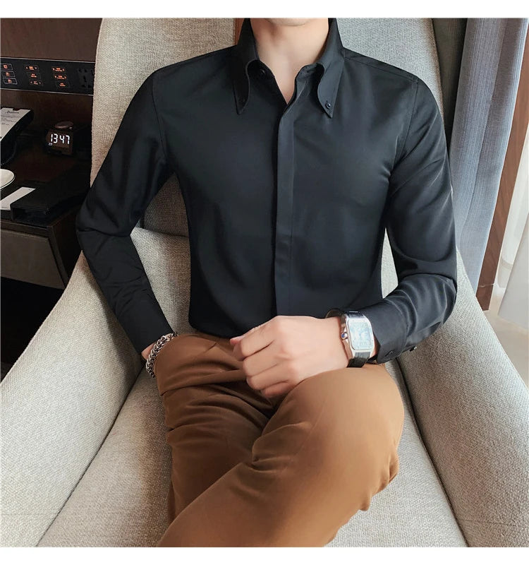 Autumn Solid Concealed Placket Shirts Men Long Sleeve Slim Fit Social Shirt Male High Quality Business Casual Prom Tuxedo