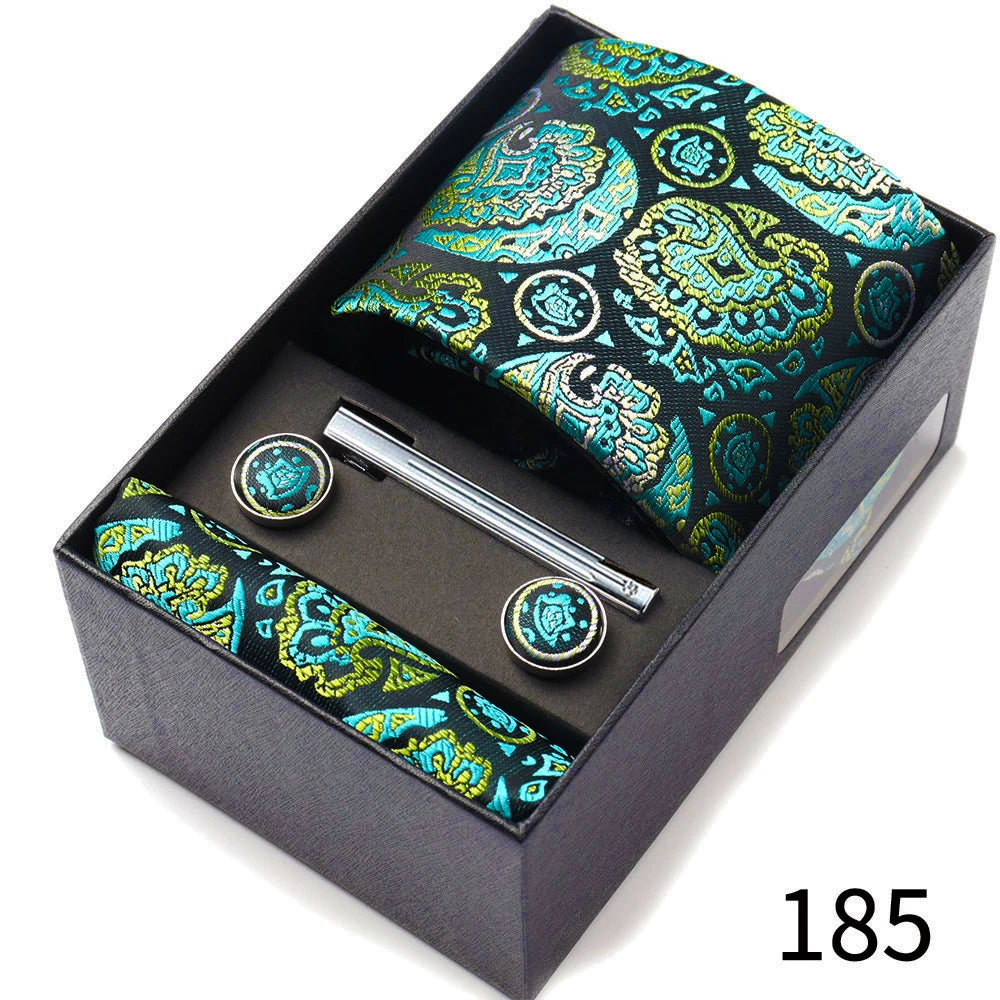 Business Ties Hanky Cufflink Tie Clips Set For Men Green Necktie Corbatas Suit Accessories Wedding In Gift Box Gravatas