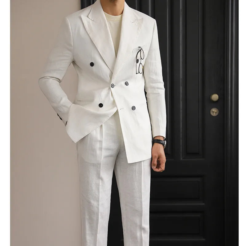 Luxury Linen Double Breasted Italian Suit For Men's Versatile Slim Fit Business Lapel Collar Retro Suit Green Brown 4 Colors