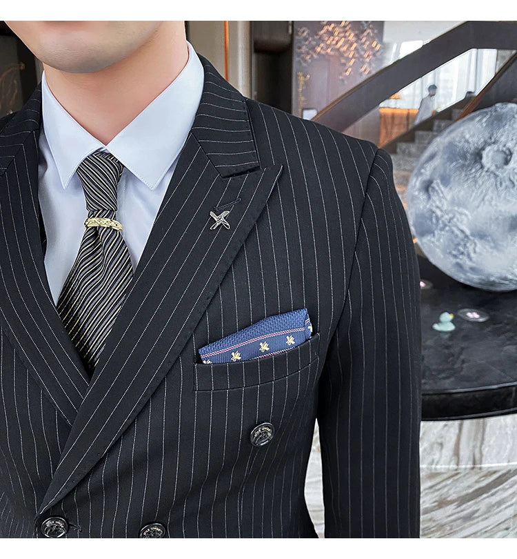 Formal Stripe Men Suits Double Breasted Wedding Groom Stage Tuxedo Man Business Slim Social Formal Suit Dress  2 Pcs / 3pcs
