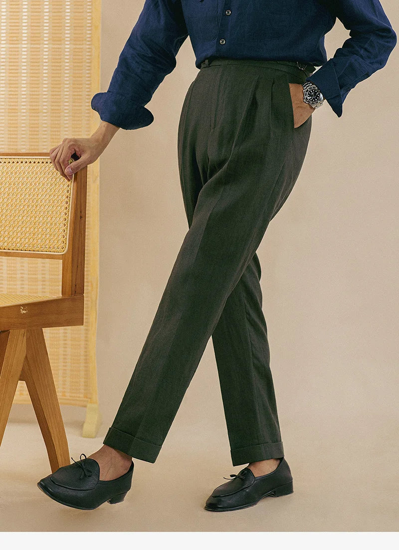 Naples High Waist Suits Retro Casual Pant Office-trouser Men Dress Pant Trouser British High Waist Pants Linen Straight Leg Pant