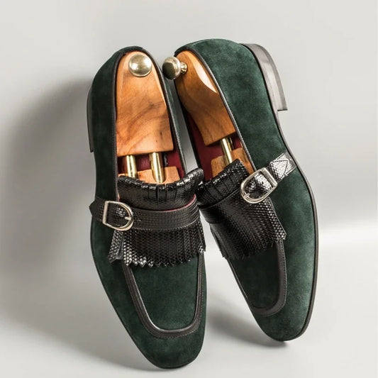 Green Men Formal Shoes Loafers Flock Tassels Slip-On Round Toe Party Wedding Shoes for Men  Size 38-46