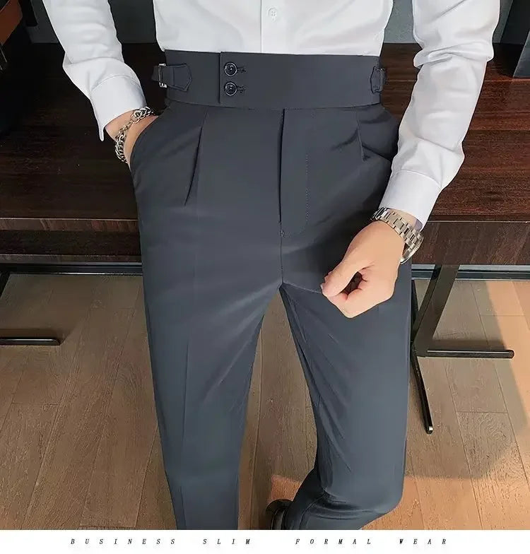 Neapolitan Men's Slim Fit Straight Leg Business Casual Trousers High Waist Pure Color Autumn Spring Long Pants