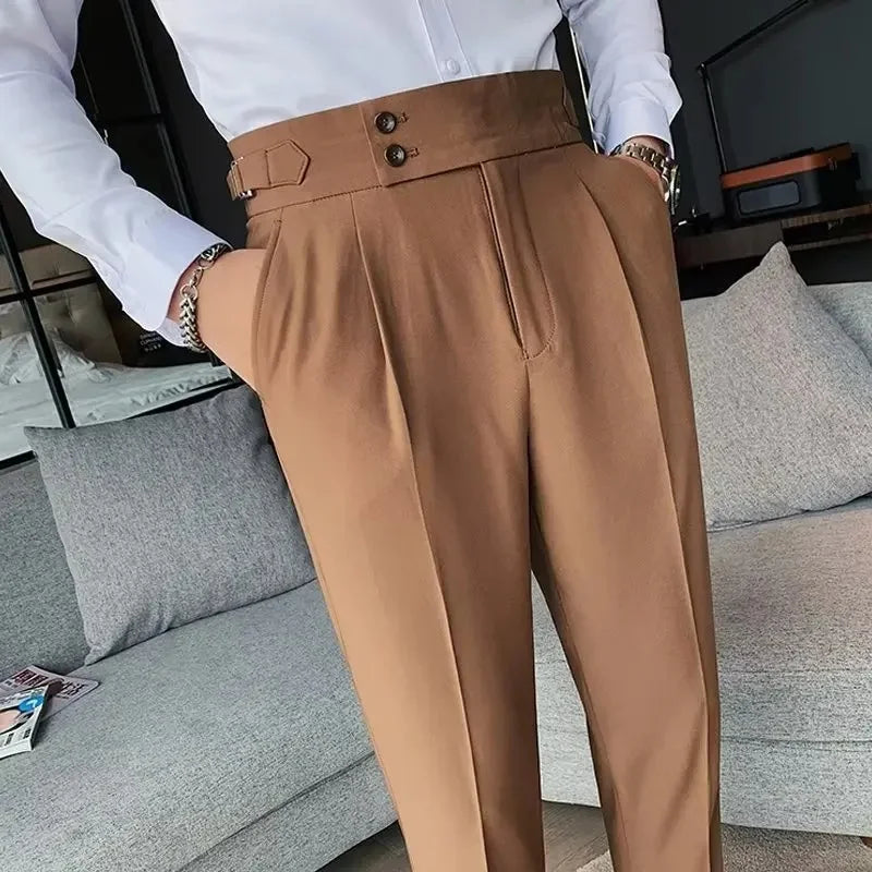 Neapolitan Men's Slim Fit Straight Leg Business Casual Trousers High Waist Pure Color Autumn Spring Long Pants