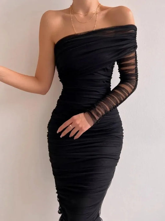TARUXY See Through Mesh Midi Dresses For Women Fold Sexy Slim Cocktail Dress Woman Wedding Bodycon Off Shoulder Dress Women's