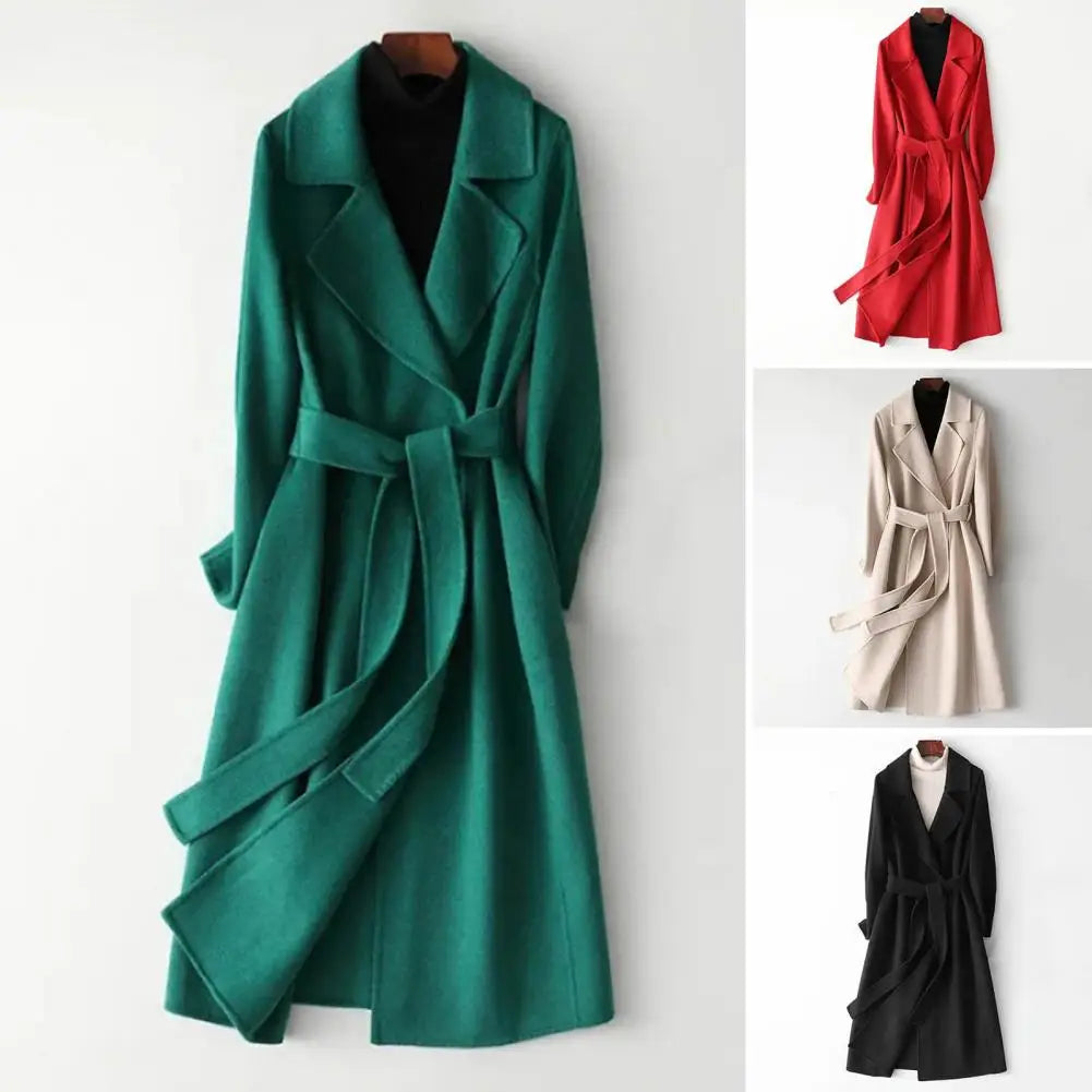 Winter Korean Style Double Breasted Long Black Woolen Overcoat Women's Loose Lacing Belt Green Wool Coat Jacket
