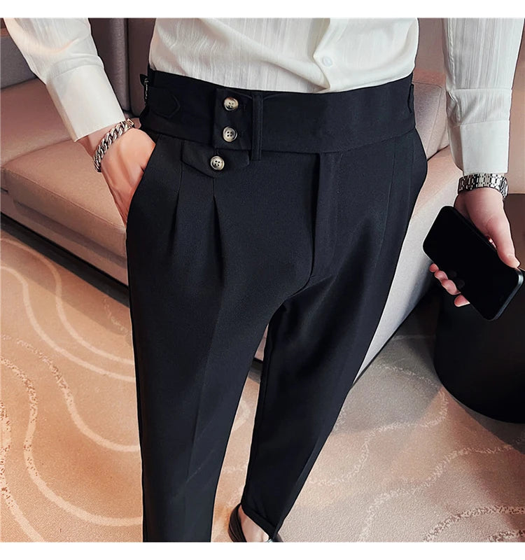 British Style Spring New Solid Business Casual Suit Pants High Waist Button Men Formal Pants High Quality Slim Office Trousers