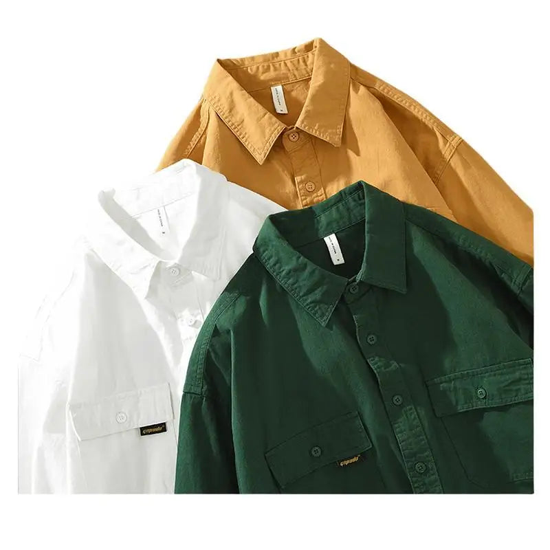 Solid  Men's Cotton 100% Pockets Business Casual Shirts For Men Outdoor Slim Fit Clothes Tops
