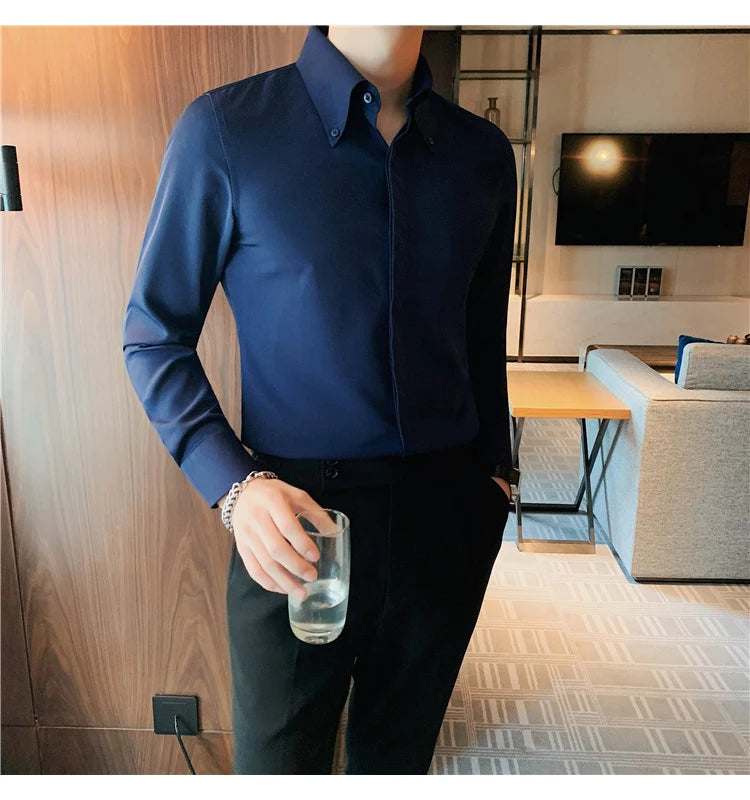 Autumn Solid Concealed Placket Shirts Men Long Sleeve Slim Fit Social Shirt Male High Quality Business Casual Prom Tuxedo