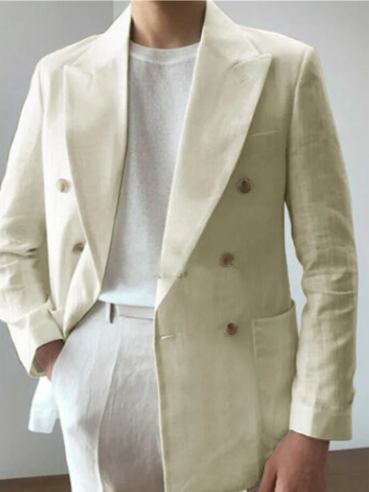 Men Double Breasted Lapel Linen Fabric Casual Suit Fashion Trendy Best Men Wedding Blazer 남성자켓 봄