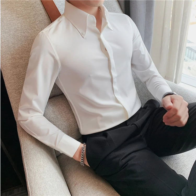 Autumn Solid Concealed Placket Shirts Men Long Sleeve Slim Fit Social Shirt Male High Quality Business Casual Prom Tuxedo