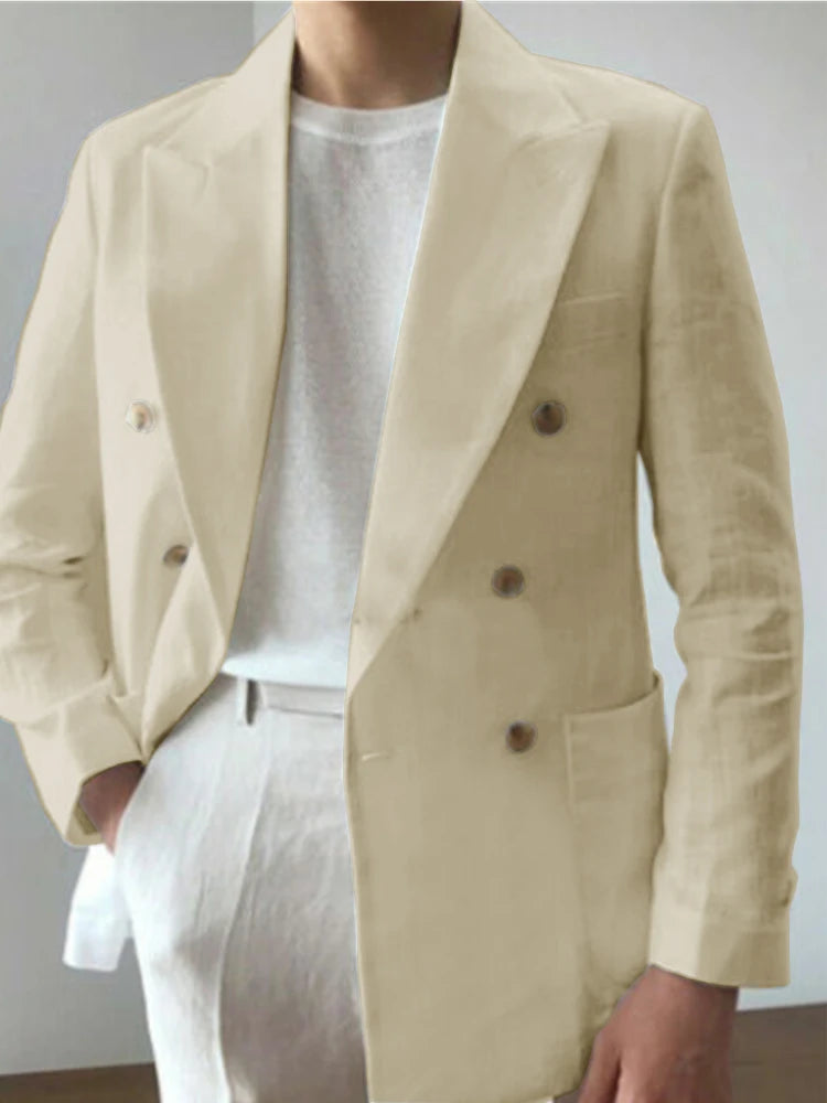 Men Double Breasted Lapel Linen Fabric Casual Suit Fashion Trendy Best Men Wedding Blazer 남성자켓 봄