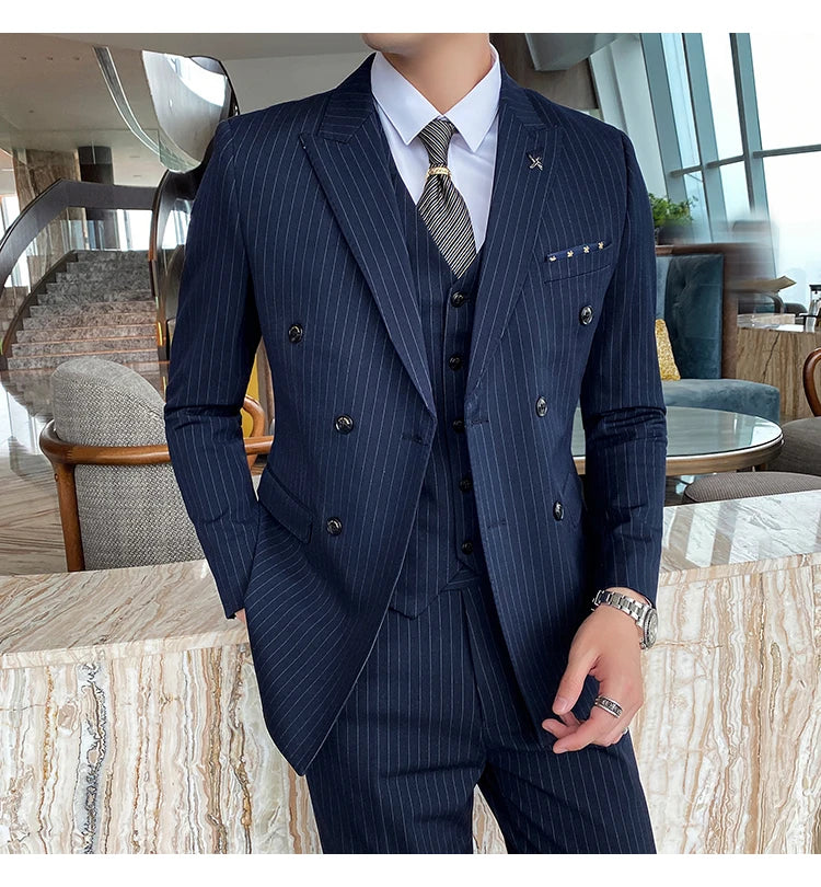 Formal Stripe Men Suits Double Breasted Wedding Groom Stage Tuxedo Man Business Slim Social Formal Suit Dress  2 Pcs / 3pcs