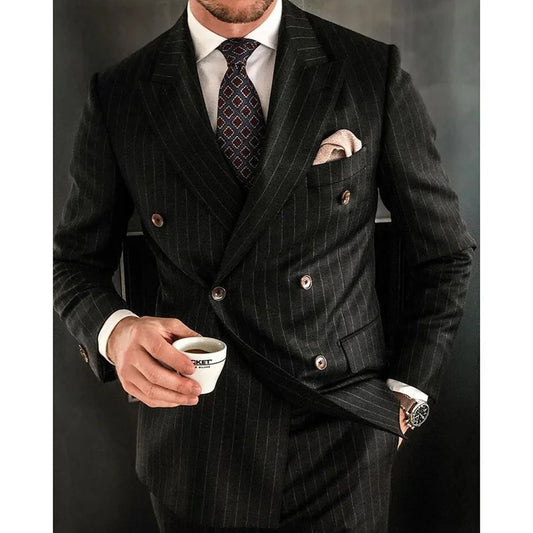 Gentleman Black Striped Men Suits Fashion Peak Lapel Double Breasted Male Blazer with Pants Formal Casual Wedding 2 Piece Set