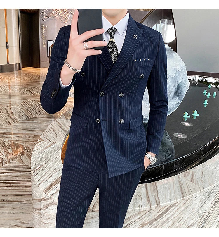Formal Stripe Men Suits Double Breasted Wedding Groom Stage Tuxedo Man Business Slim Social Formal Suit Dress  2 Pcs / 3pcs