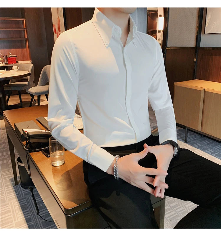 Autumn Solid Concealed Placket Shirts Men Long Sleeve Slim Fit Social Shirt Male High Quality Business Casual Prom Tuxedo
