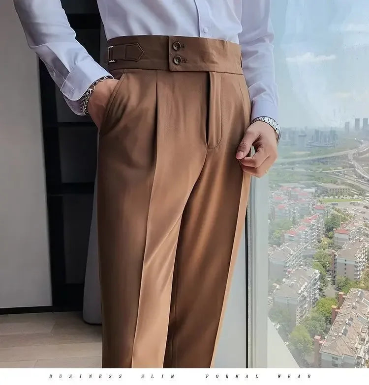 Neapolitan Men's Slim Fit Straight Leg Business Casual Trousers High Waist Pure Color Autumn Spring Long Pants