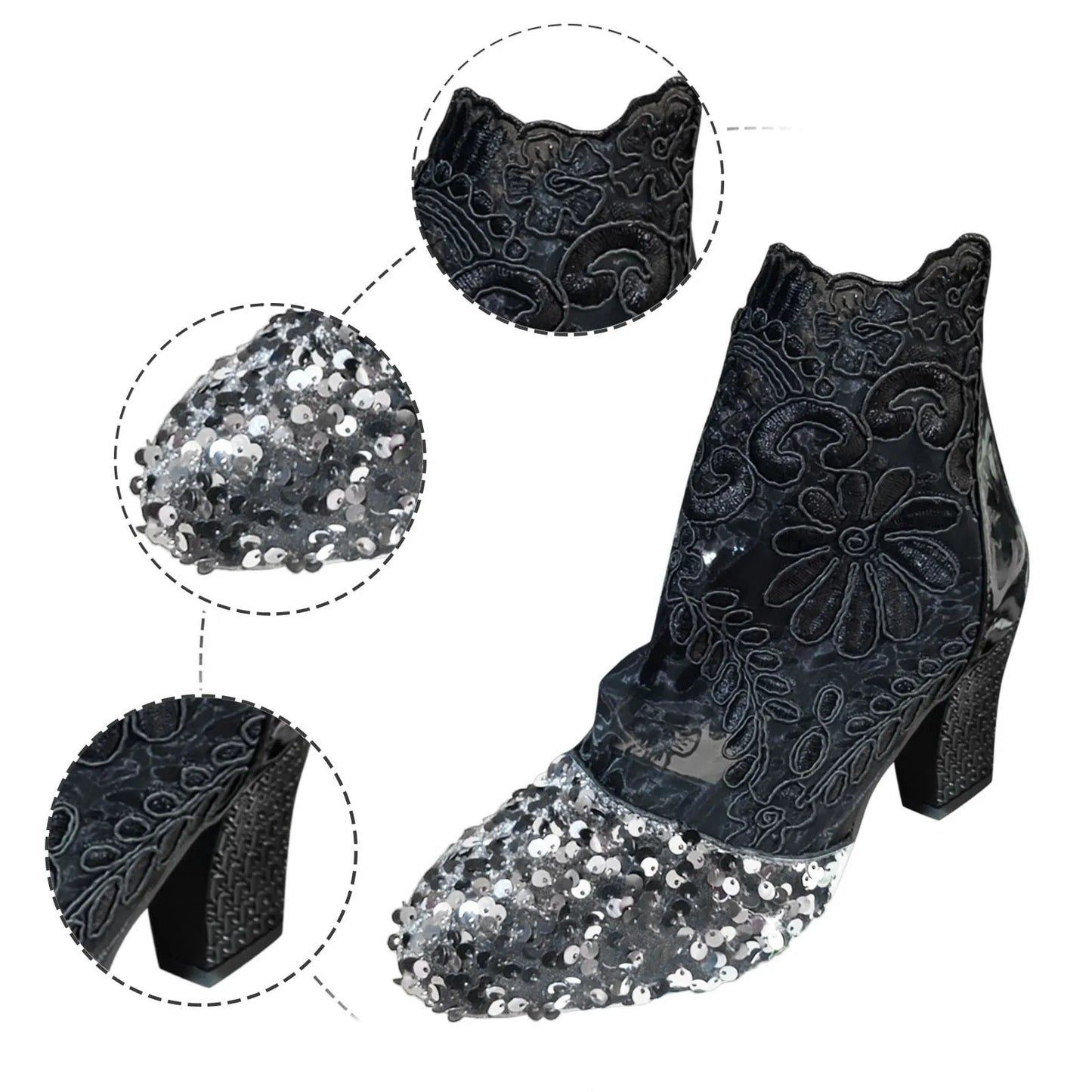 Womens Sneaker Boots Women'S Fashion Retro Round Head Sequins Ankle Boots Hollow Thick With Mesh Short Boots High Heels