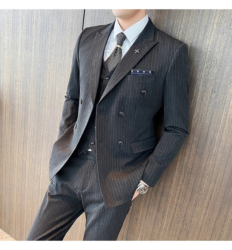 Formal Stripe Men Suits Double Breasted Wedding Groom Stage Tuxedo Man Business Slim Social Formal Suit Dress  2 Pcs / 3pcs