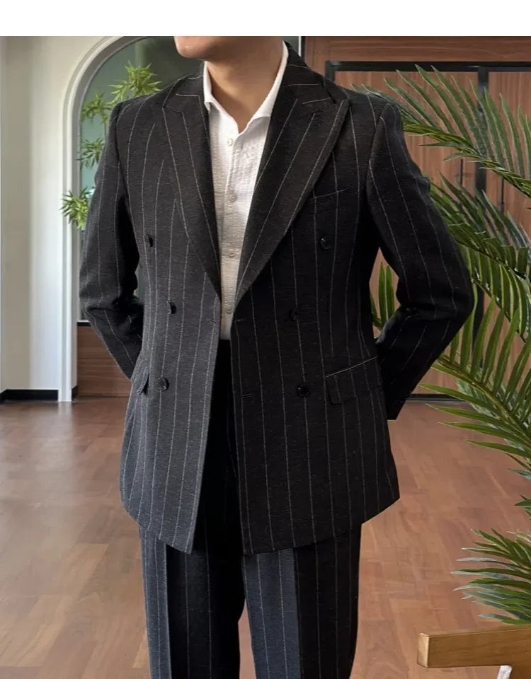 Men Suit Designers Slim Fit Business Casual Striped Double Breasted Suit Set Trend Traje Novio 2025 Men Tuxedo Suit Grooms Suit