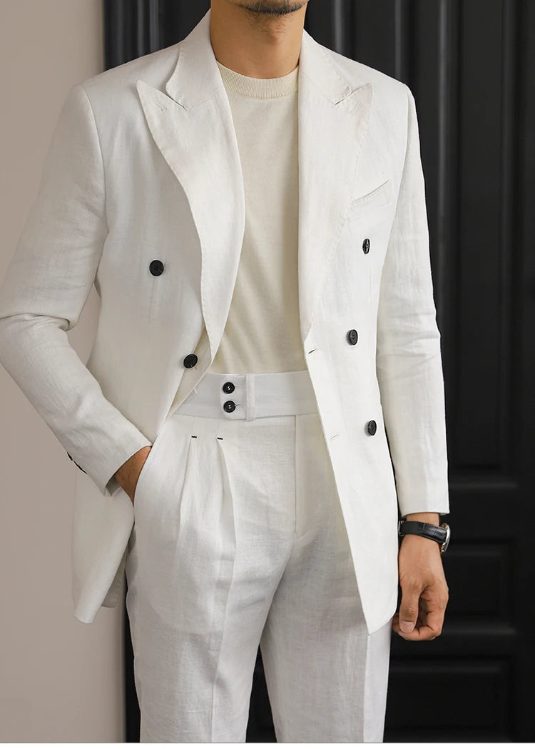 Luxury Linen Double Breasted Italian Suit For Men's Versatile Slim Fit Business Lapel Collar Retro Suit Green Brown 4 Colors