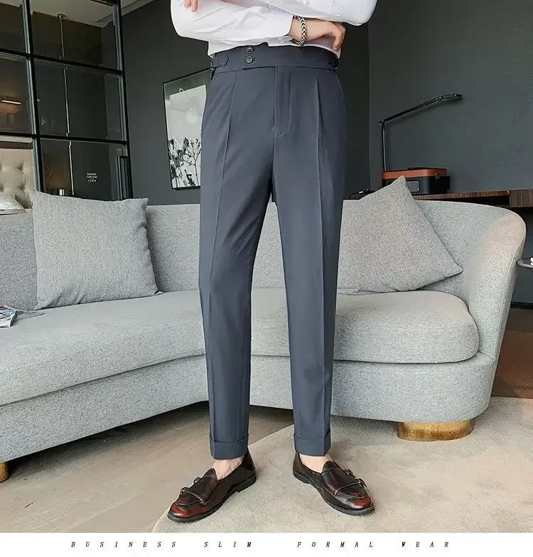 Neapolitan Men's Slim Fit Straight Leg Business Casual Trousers High Waist Pure Color Autumn Spring Long Pants