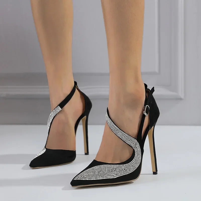 New Design Sensibility Women's High Heels Wide Strap Pointed Toe Rubber Upper Shoes Cool Women Sandals Water Crystal