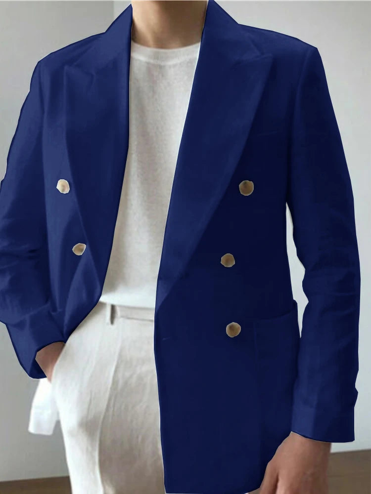 Men Double Breasted Lapel Linen Fabric Casual Suit Fashion Trendy Best Men Wedding Blazer 남성자켓 봄