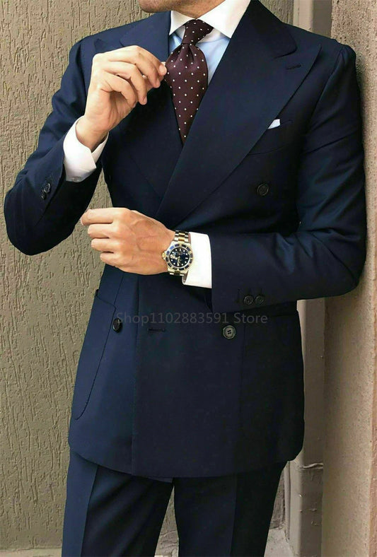New Custom Double Breasted Dark Blue Men Suits Casual Male Blazers Slim Fit Groomsmen 2 Pieces Costume Men Clothing