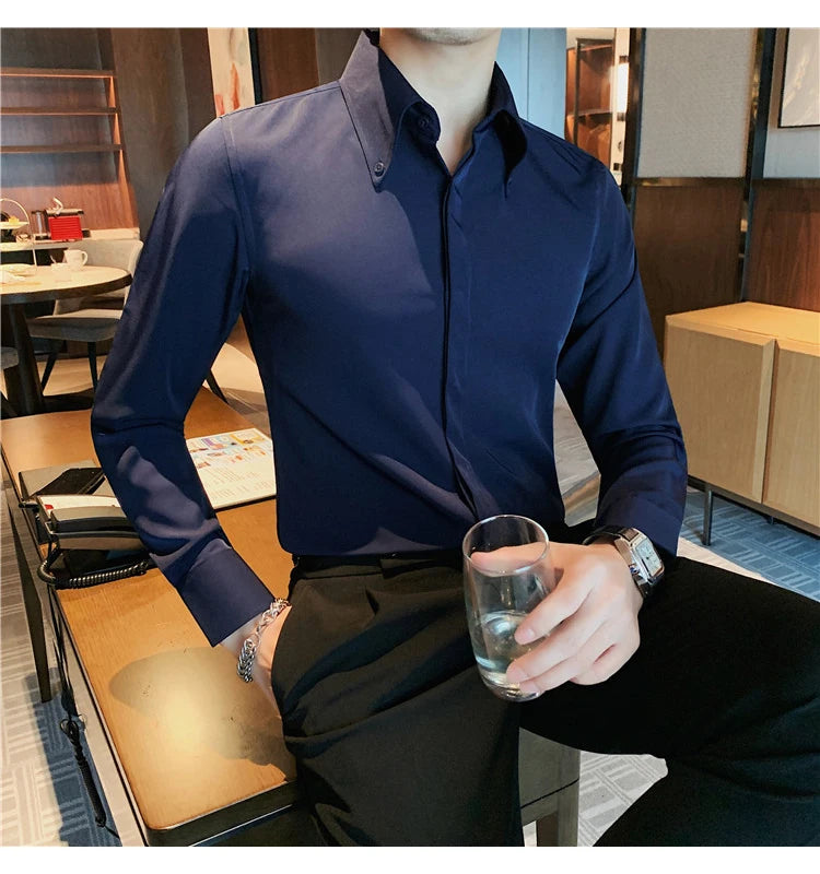 Autumn Solid Concealed Placket Shirts Men Long Sleeve Slim Fit Social Shirt Male High Quality Business Casual Prom Tuxedo