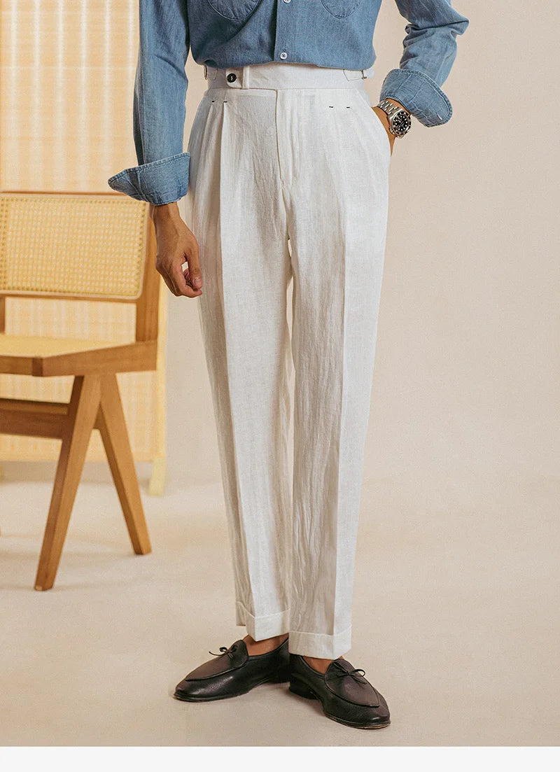 Naples High Waist Suits Retro Casual Pant Office-trouser Men Dress Pant Trouser British High Waist Pants Linen Straight Leg Pant