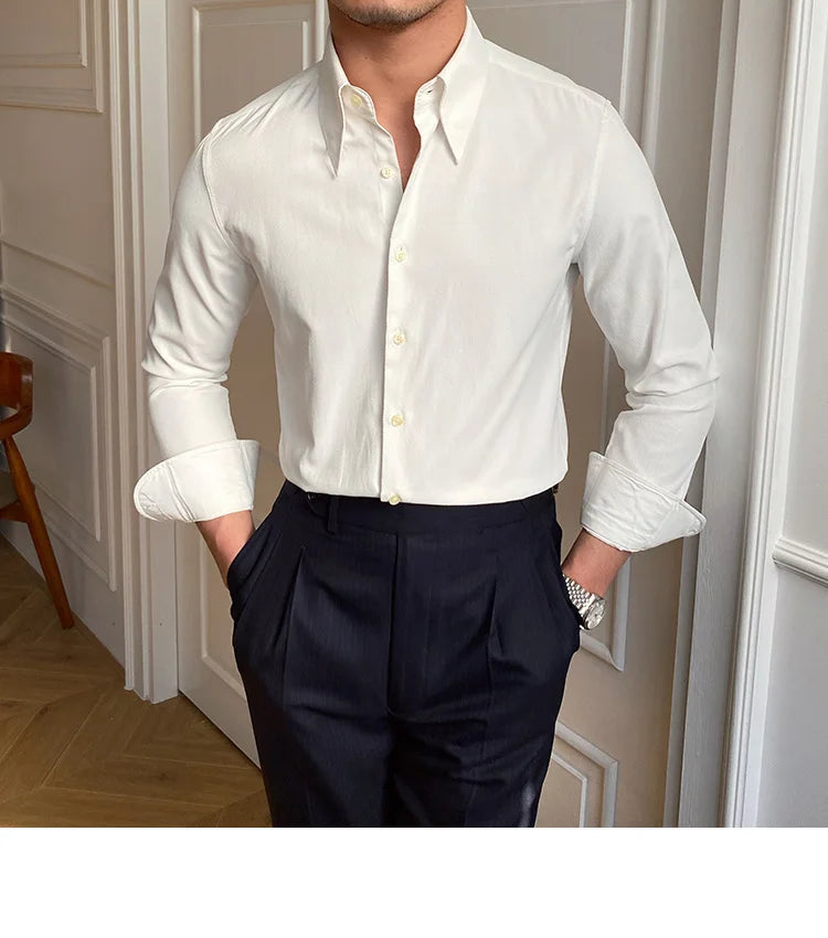 Spring Leisure British Business Shirt Design British Men Cuba Collar Slim Solid White Shirt Camisa Social Masculina Men Shirt